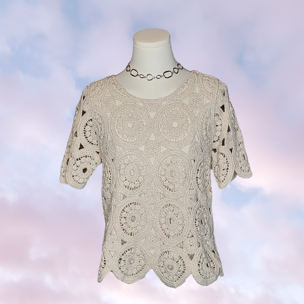 Vtg 90s Y2k Design History Crochet Knit Boho Hippie Cotton Simple Cream Top Sz M